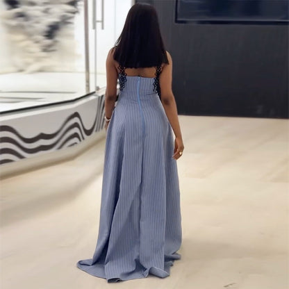 Chic Striped Lace-Trim Vacation Dress with Pockets - Sculpting Nautical Maxi Set Look - BundleWear
