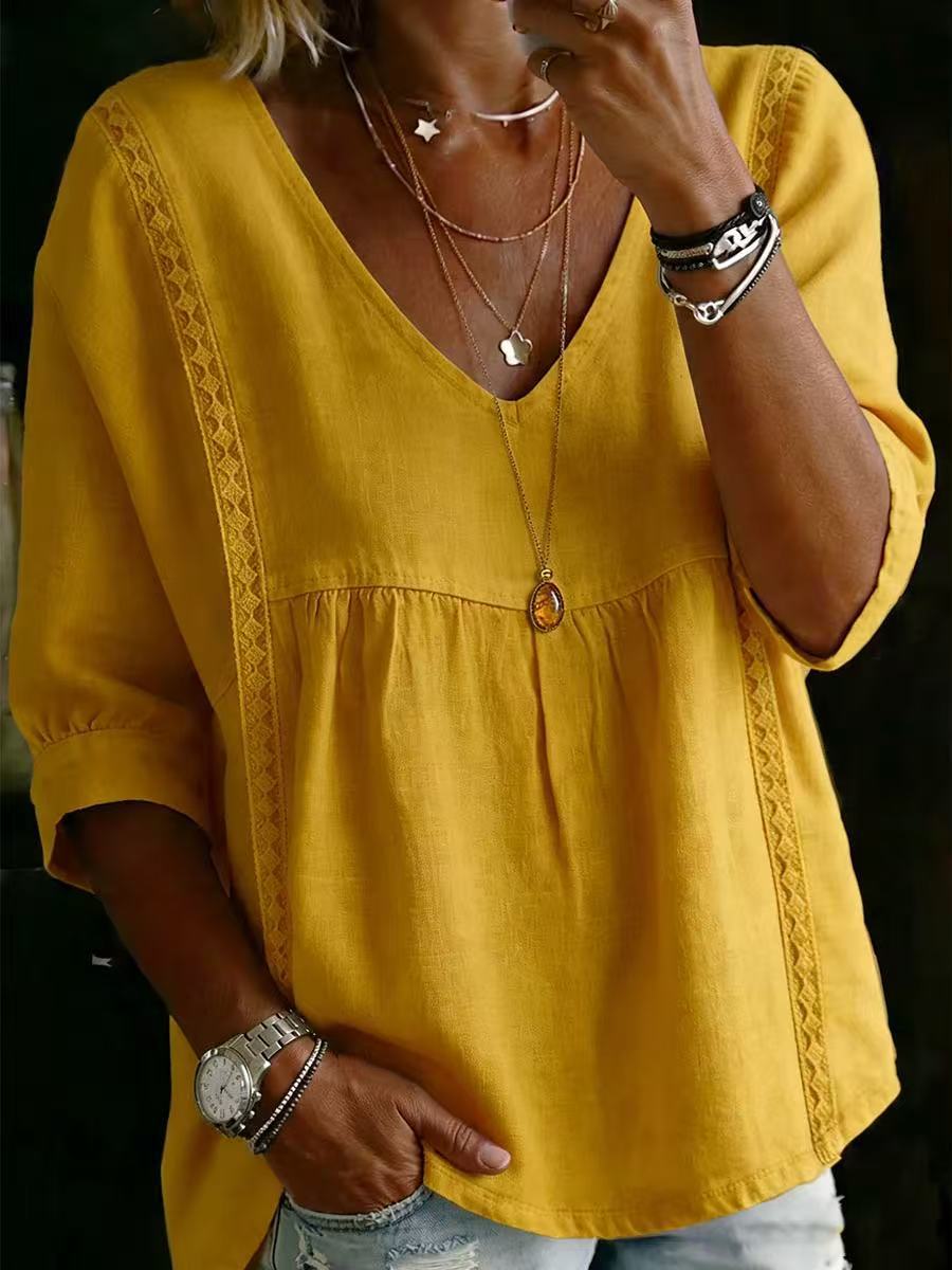 BundleWear™ Lace-Panel Linen Top | V-Neck 3/4 Sleeve Bohemian Pullover