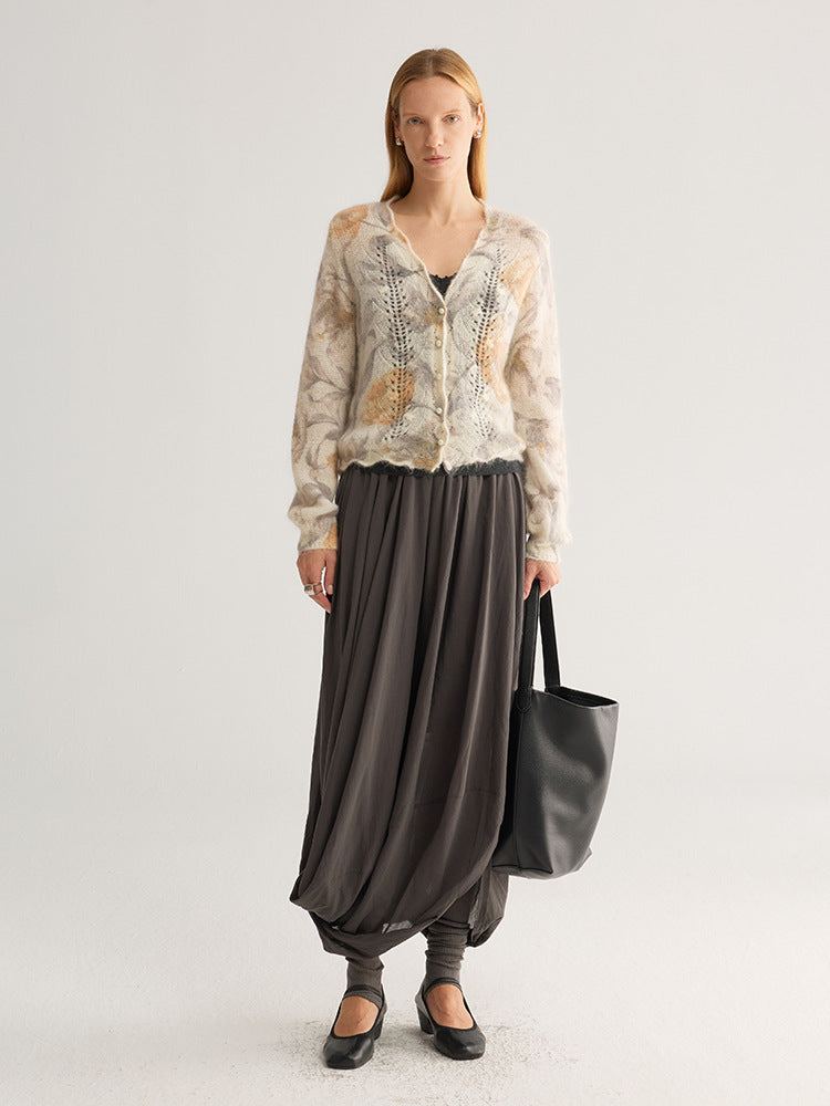 French Floral Mohair-Blend Cardigan — V-Neck Pointelle Knit, One Size