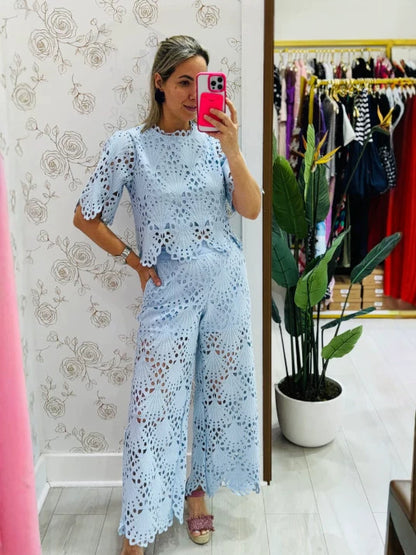 BundleWear™ Petal Lace Set | Embroidered Openwork Top & Wide-Leg Trousers