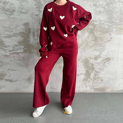 Ladies' Solid Color Hearth Embroidery Round Neck Drop Shoulder Pullover & Sweater Pants Set