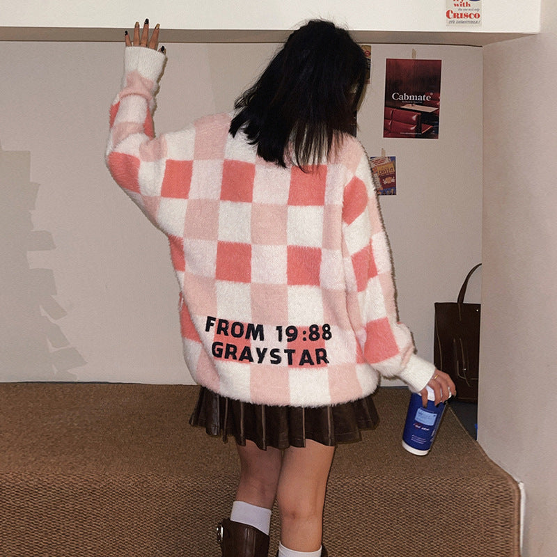 Color-blocked checkerboard sports sweater for couples