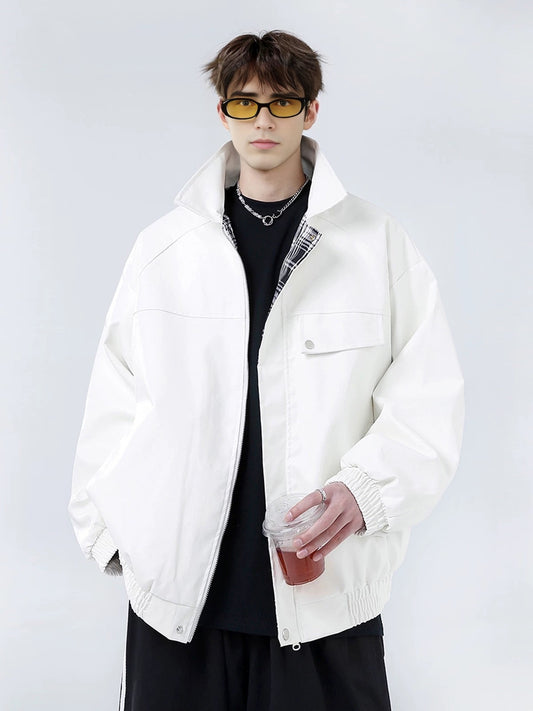 Genuine leather jacket with plaid lining, reversible lapel leather jacket