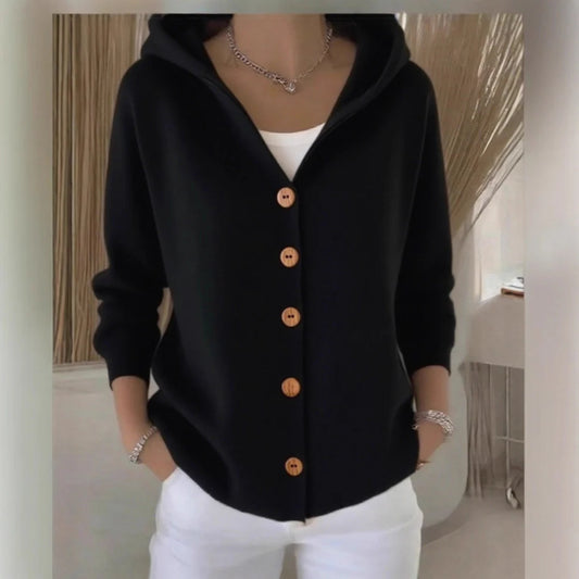 Button-down knit hooded sweater cardigan