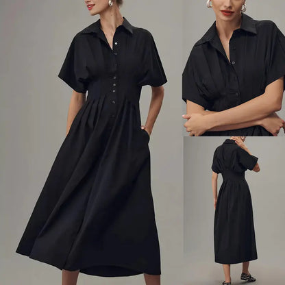 Women's Button-Down Shirt Dress - Short-Sleeve, Loose, Pleated Maxi Sundress with Pockets, Basic Casual Wear for Summer