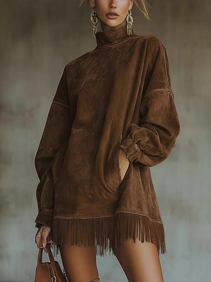 Oversized suede-effect dress with fringe