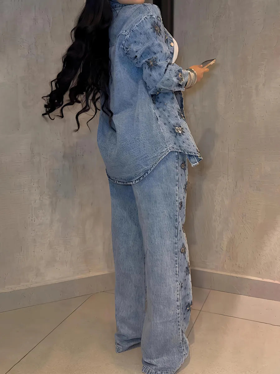 Rhinestone Sparkle Flower Print Denim Two Pieces Set