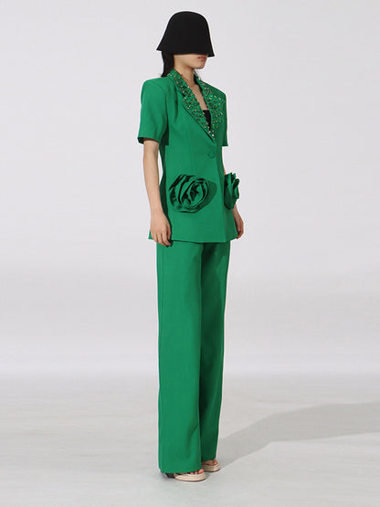 BundleWear™ Rosette Couture Suit | 3D Floral Patchwork & Rhinestone Wide-Leg Ensemble