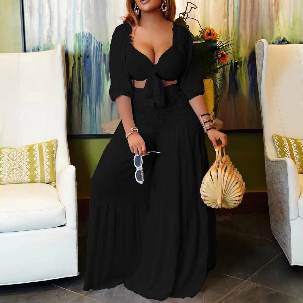 BundleWear™ Liquid Pleat Set | Tie-Front Ruffle Crop & Tiered Wide-Leg Ensemble