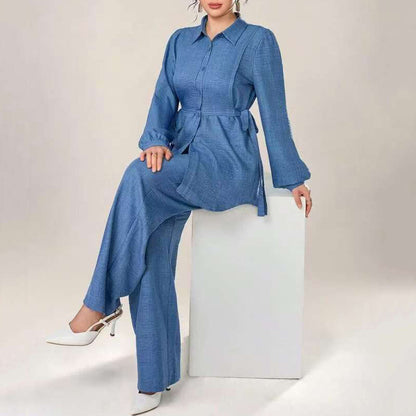 Puff-sleeved, fitted waist tie top + high-waisted wide-leg pants - MATCHING MASTER