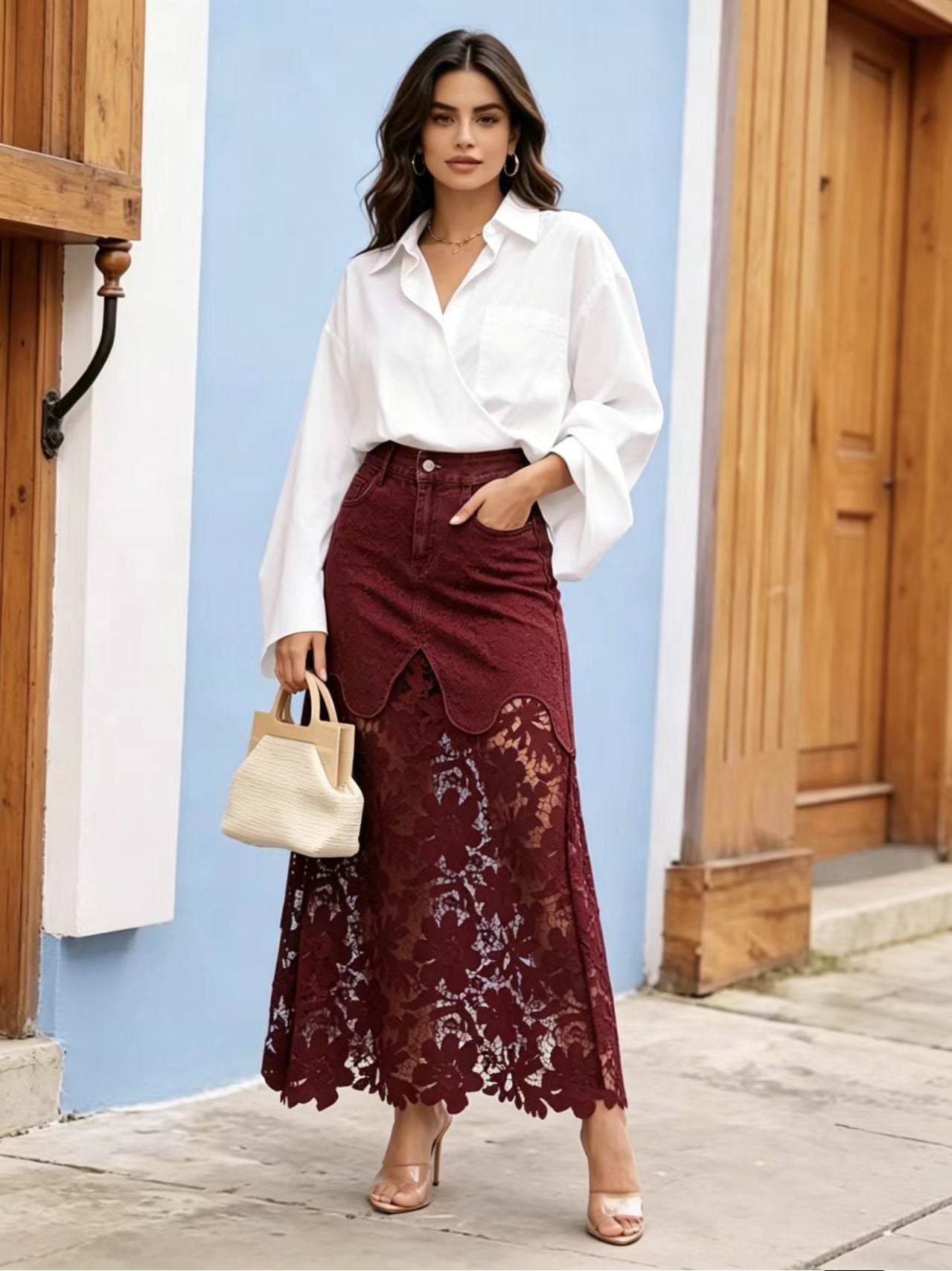 BundleWear™ Modern Pastoral Midi Skirt | Lace-Trimmed Denim & Intricate Eyelet Embroidery - BundleWear