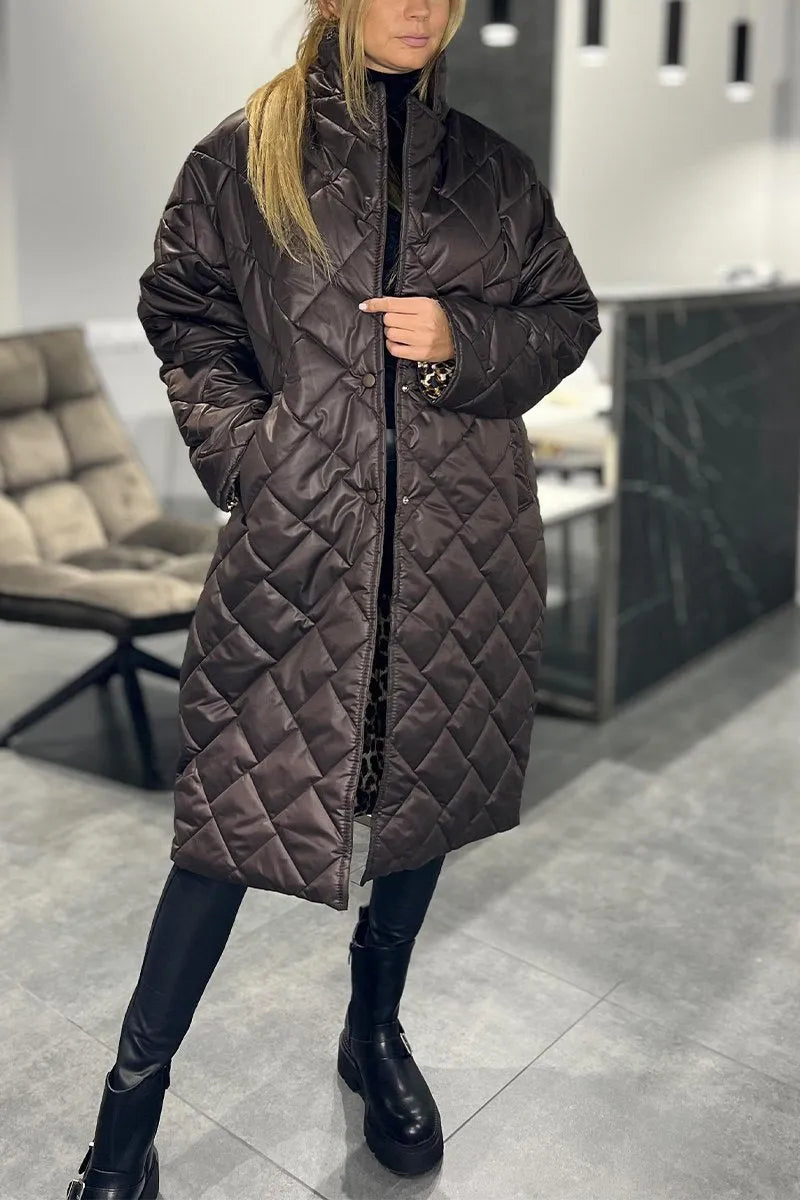 Mariette | Long Quilted Coat with Discreet Leopard Lining