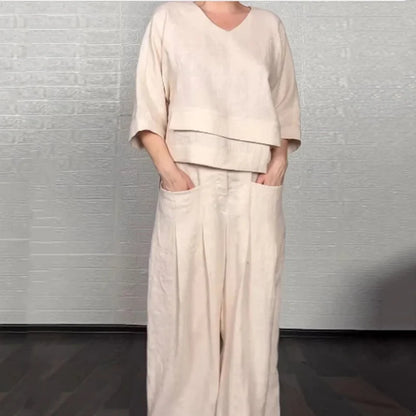💎 2-Piece Cotton-Linen Set With An Uneven Hem – V-Neck Top + Wide-Leg Pants, Breathable & Effortlessly Stylish