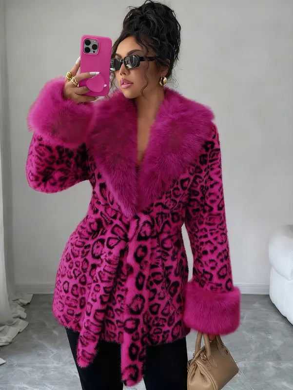 Ladies' winter lace up leopard print faux fur coat