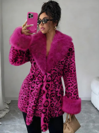Ladies' winter lace up leopard print faux fur coat