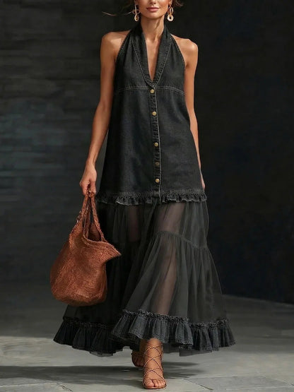 BundleWear™ Denim-Halter Tulle Maxi | Patchwork Bodice & Tiered Ruffle Dress