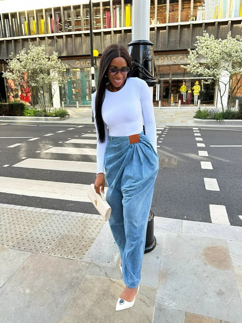BundleWear™ Fluid Wrap Jeans | Asymmetric High-Waist Drapey Wide-Leg Denim