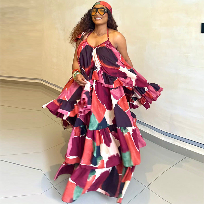 New summer fashion halter-neck ruffled printed patchwork dress - MATCHING MASTER