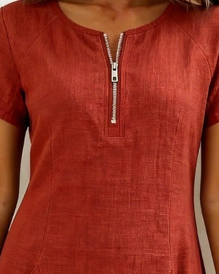 Zipper Pocket Cotton Linen Dress - MATCHING MASTER