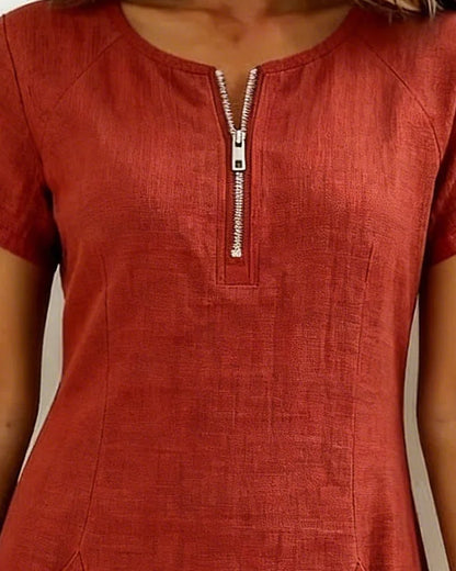 Zipper Pocket Cotton Linen Dress - MATCHING MASTER