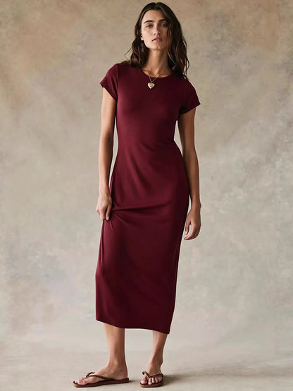 Ladies' solid color short-sleeved round neck slim-fit bodycon dress - BundleWear