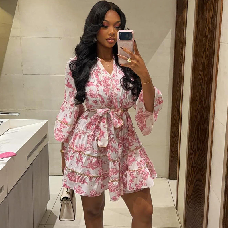 Chic Flare Sleeve Floral Summer Set Look - Sculpting V-Neck Boho Ruffle Mini Dress - BundleWear