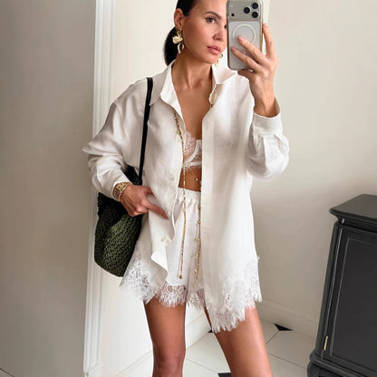 Women's Striped 2-Piece Resort Set - Oversized Button-Down Shirt with Eyelet Lace Trim & Matching Shorts