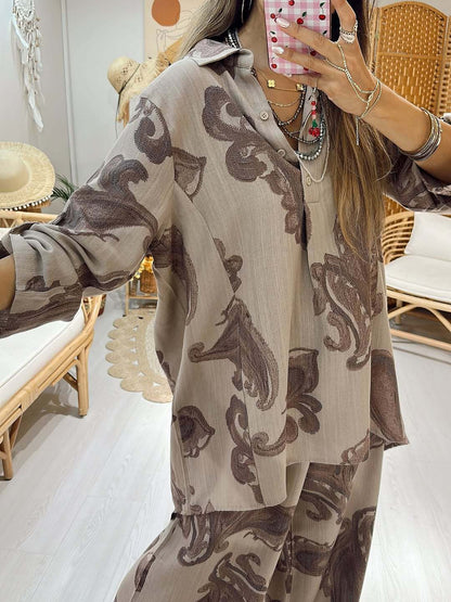 Elegant Paisley Print Two-Piece Set - Oversized Button-Down Shirt & Wide-Leg Drawstring Trousers