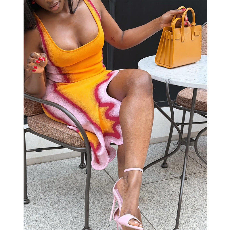 Chic Gold Floral Asymmetrical Mini Dress - Slim Fit 3D Print Sexy Set Look for Festivals - BundleWear