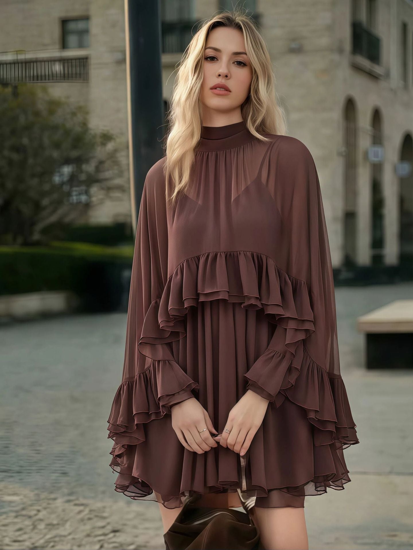 BundleWear™ Gypsy-Cape Chiffon Set | Mock-Neck Sheer Blouse & Camisole Slip Dress