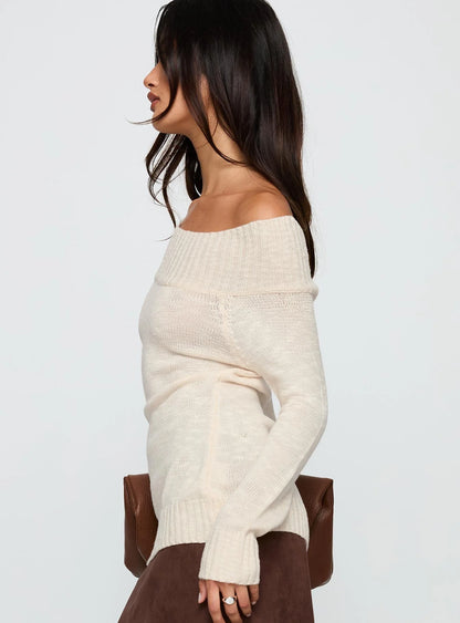 Off Shoulder Knit Sweater Beige+Faux Suede Midi Skirt Brown