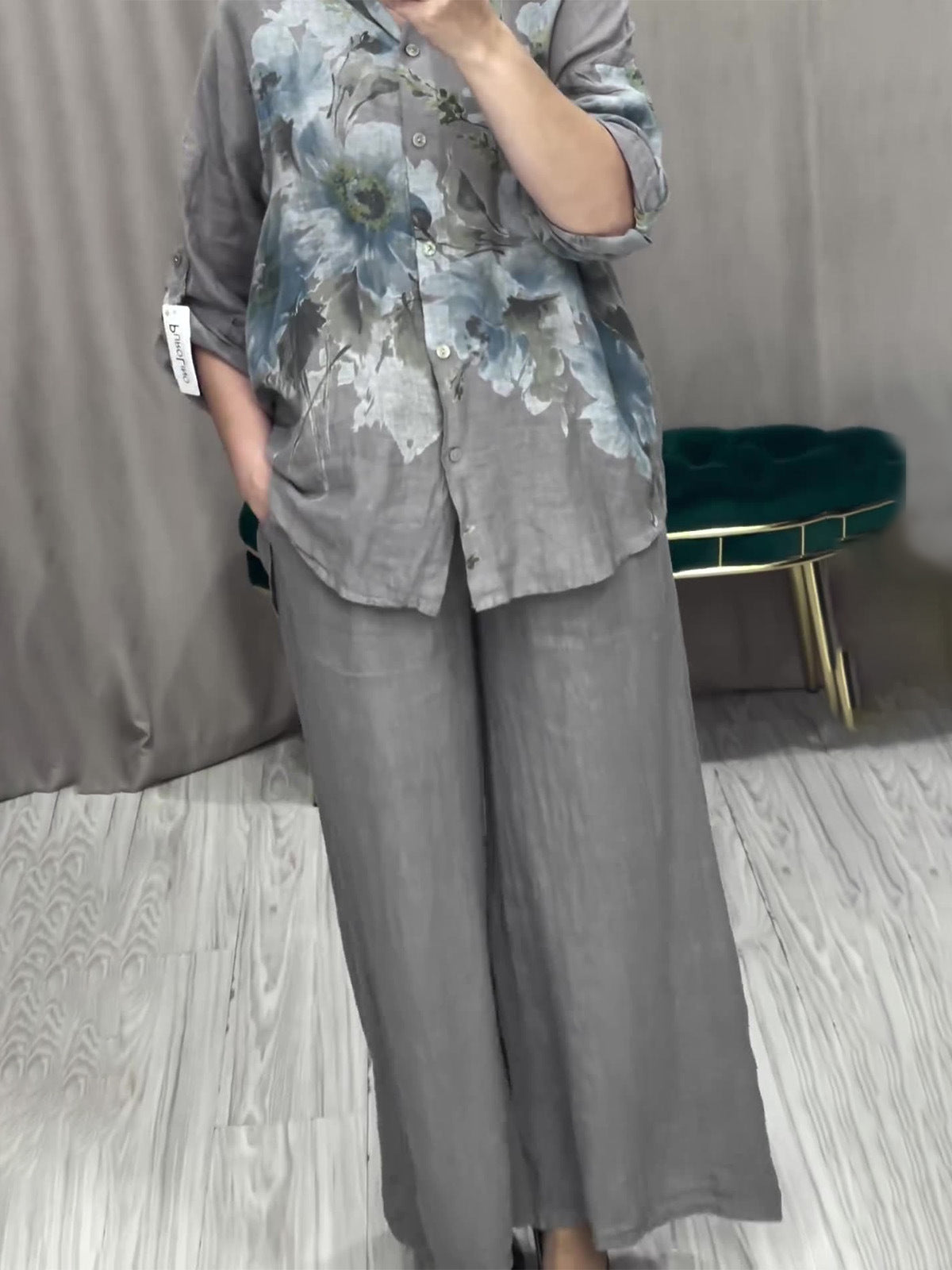 Chic French-Style Floral Linen-Look 2-Piece Set - Loose Roll-Up Sleeve Shirt & Wide-Leg Pants
