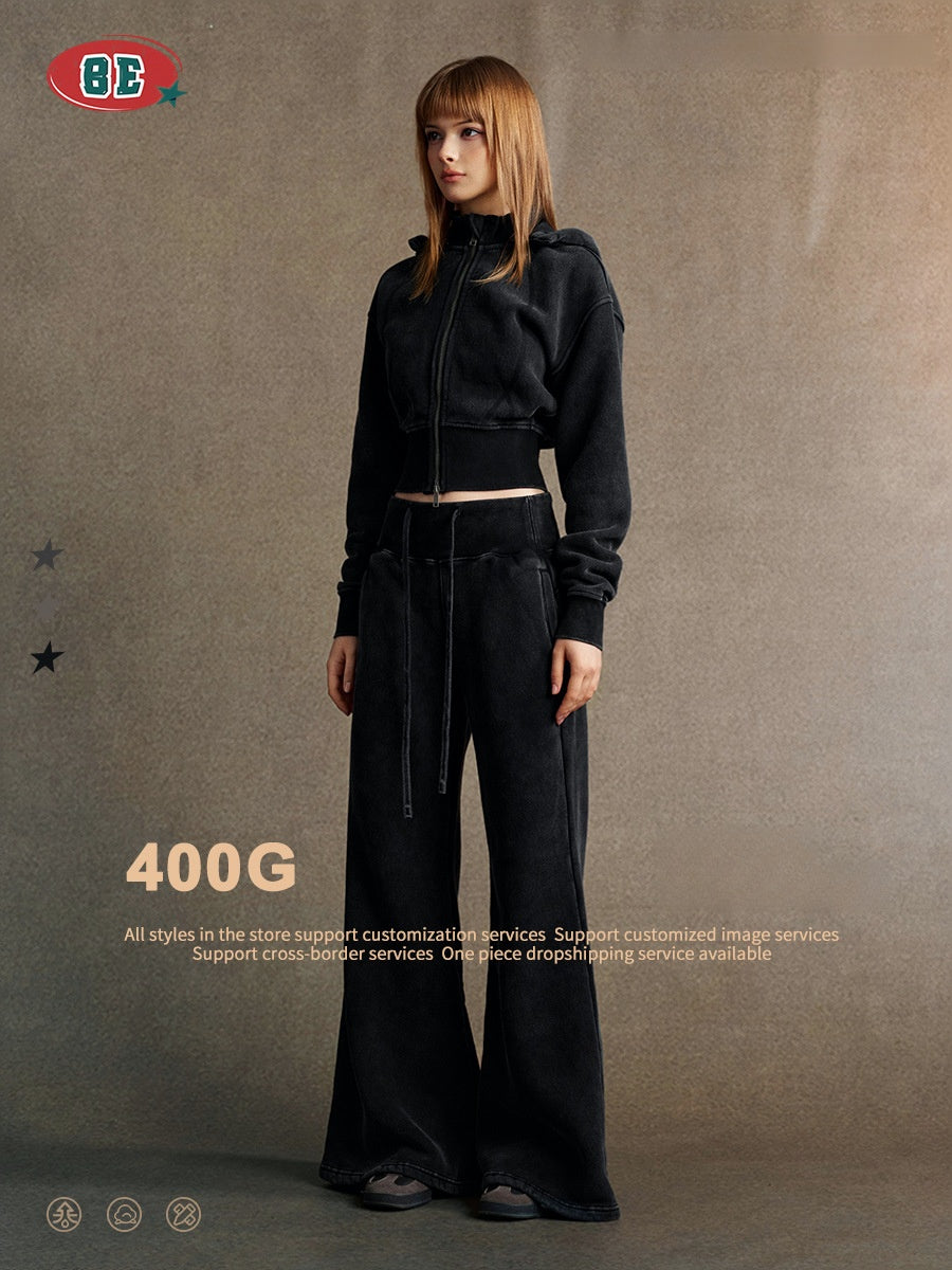 Fleece-lined slimming cardigan sweatshirt and casual pants two-piece set