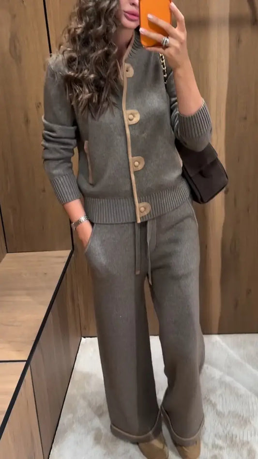 Ladies' Round Neck Breasted Knitted Cardigan+ Pants Casual Suit
