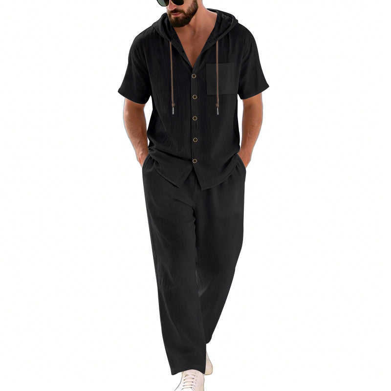 BundleWear™ Breeze-Hood Linen Set | Drawstring Hooded Shirt & Elastic-Waist Trousers