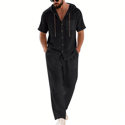 BundleWear™ Breeze-Hood Linen Set | Drawstring Hooded Shirt & Elastic-Waist Trousers