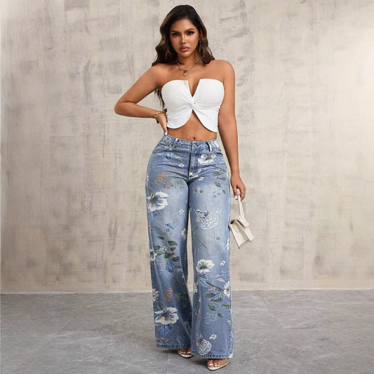 BundleWear™ Botanical Bloom Jeans | All-Over Floral Print High-Waist Wide-Leg Denim