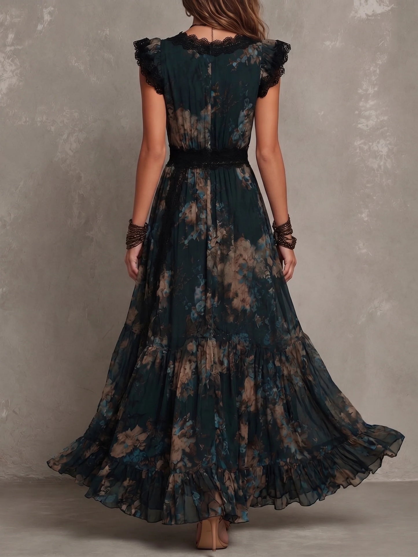 BundleWear™ Midnight Garden Gown | Lace-Trimmed V-Neck Chiffon Maxi Dress