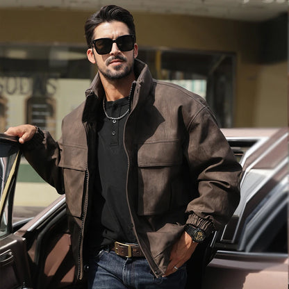 Men's Retro Stand Collar Leather Jacket