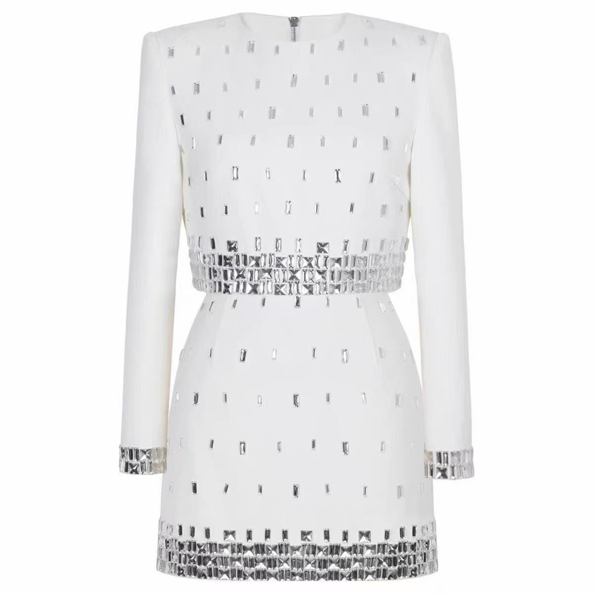 BundleWear™ Silver-Beaded Tweed Set | Hand-Embellished Knit Top & Hip-Contouring Mini Skirt