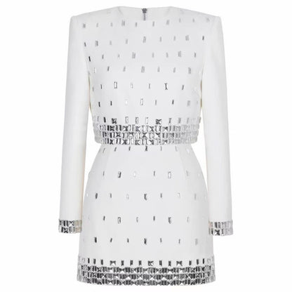 BundleWear™ Silver-Beaded Tweed Set | Hand-Embellished Knit Top & Hip-Contouring Mini Skirt