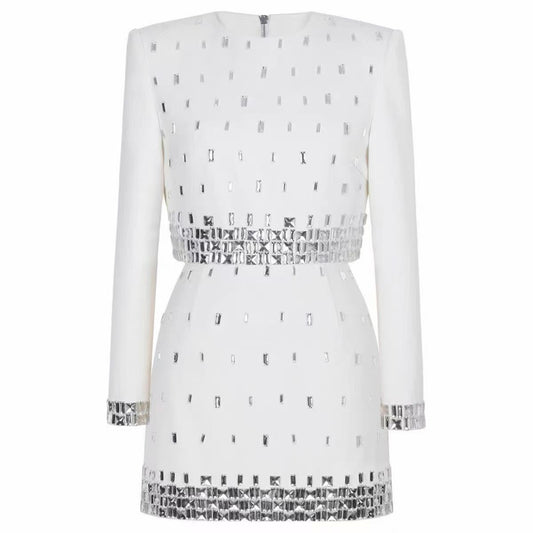 BundleWear™ Silver-Beaded Tweed Set | Hand-Embellished Knit Top & Hip-Contouring Mini Skirt