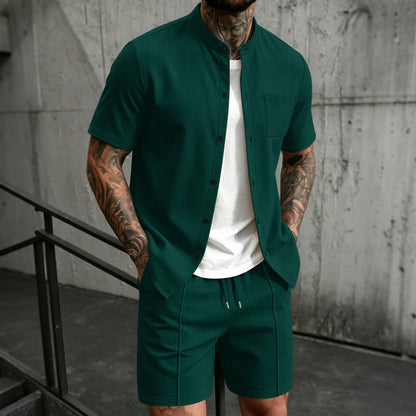 BundleWear™ Honeycomb Resort Set | Stand-Collar Waffle Shirt & Drawstring Shorts