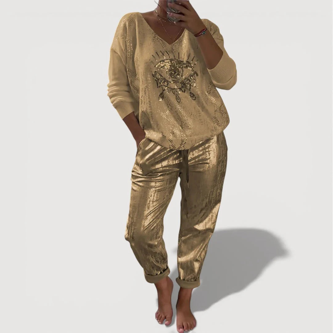 BundleWear™ Starlight Eye Set | Shimmering Graphic Sweater & Metallic Jogger Ensemble