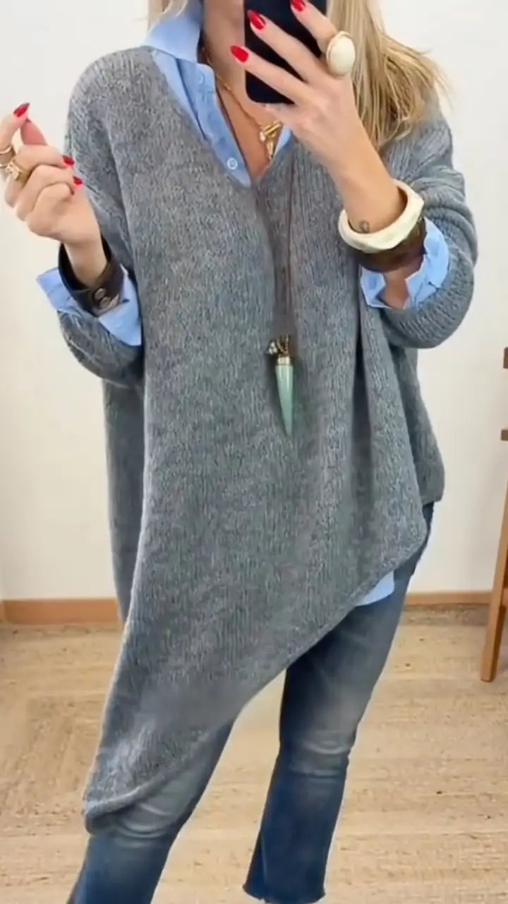 Ladies' V-neck Irregular Casual Slit Versatile Sweater