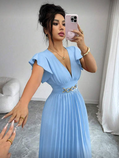 BundleWear™ Gilded Chain Pleated Maxi | Ruffled-Sleeve V-Neck Resort Dress
