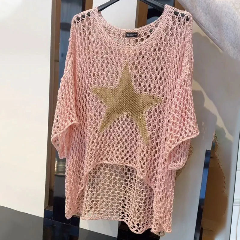 ⌛💥Ladies' Fashion Round Neck Crochet Knit Fishnet Top - MATCHING MASTER