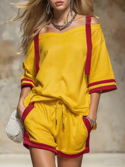 Ladies' two-piece set: off-shoulder top + shorts - BundleWear