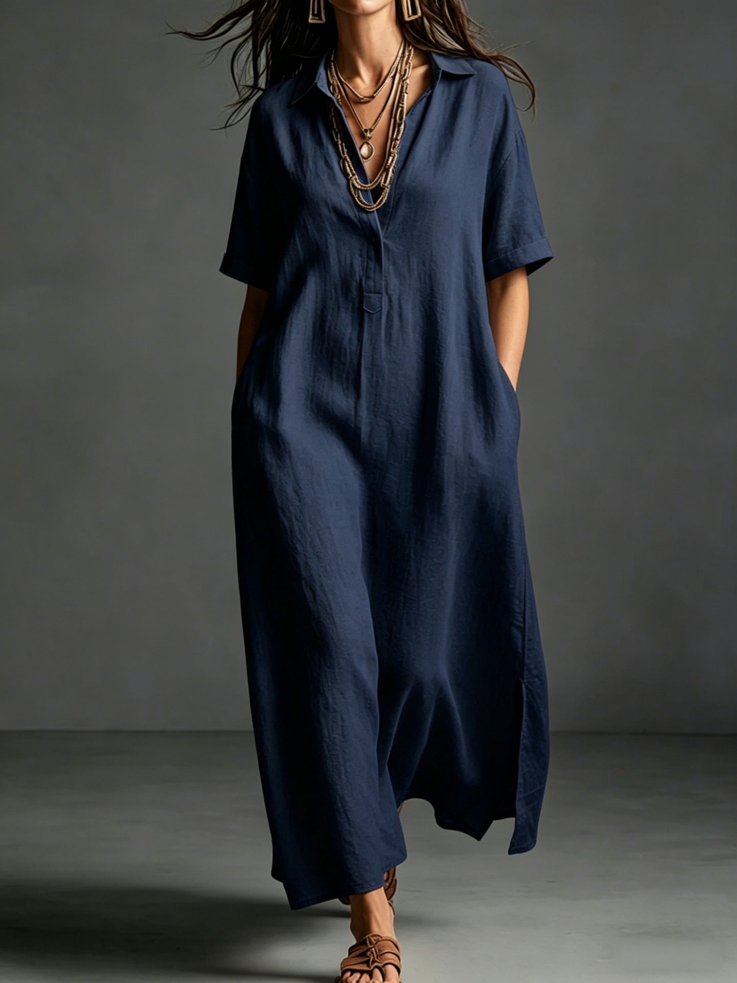 Black Button-Front Bohemian Shirt Maxi Dress - BundleWear
