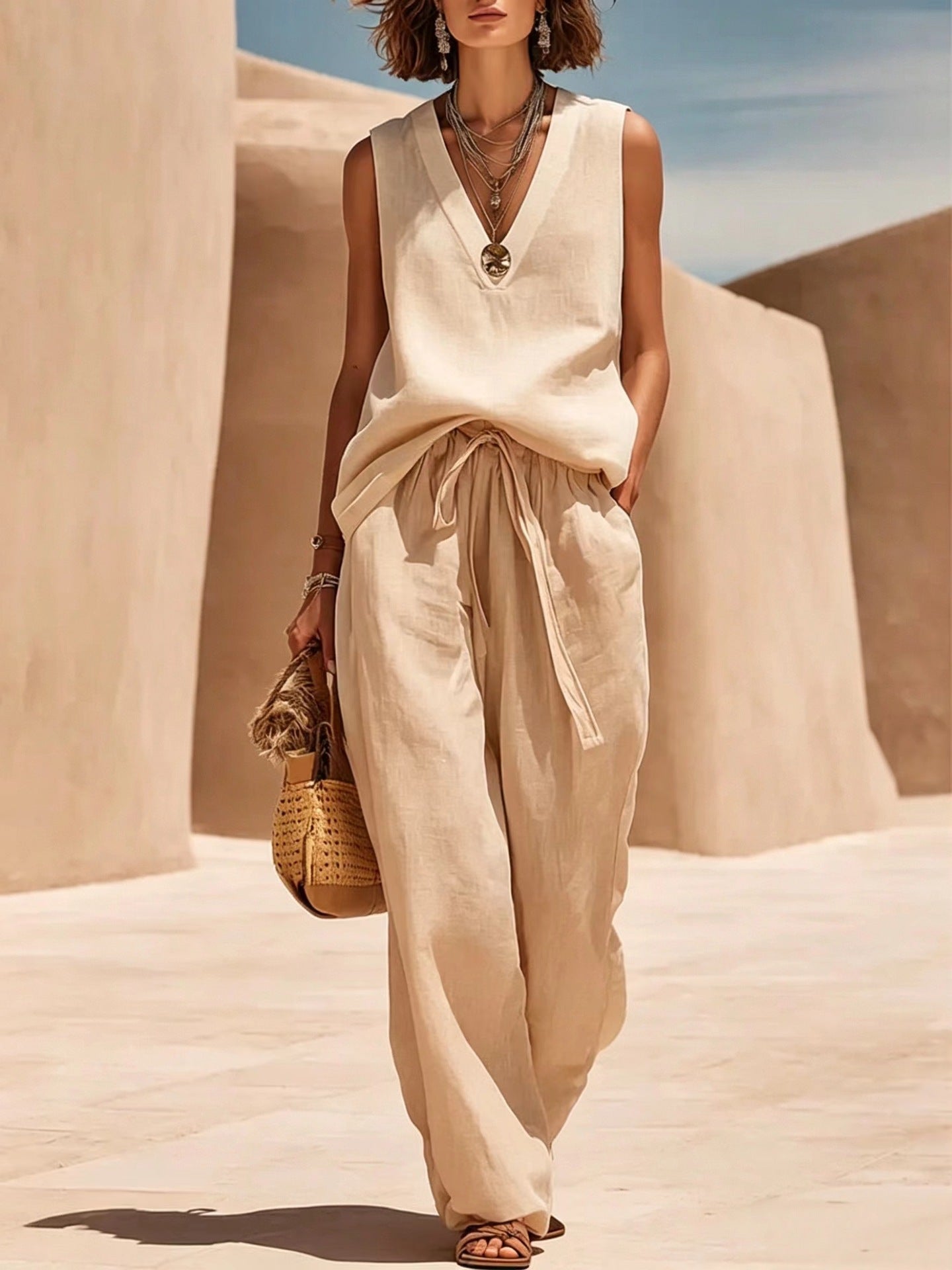 Cotton and linen sleeveless V-neck suit - BundleWear